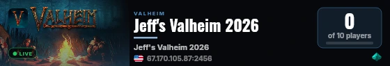 Jeff's Valheim 2026 live status badge