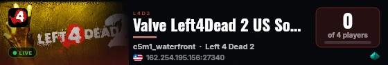 Valve Left4Dead 2 US SouthWest Server (srcds2002-lax2.389.326) live status badge