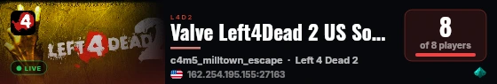 Valve Left4Dead 2 US SouthWest Server (srcds2001-lax2.389.149) live status badge
