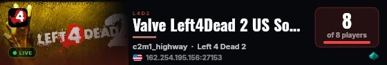 Valve Left4Dead 2 US SouthWest Server (srcds2002-lax2.389.139) live status badge