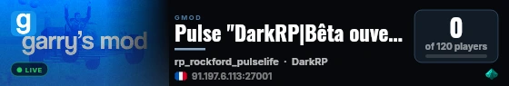 Pulse "DarkRP|Bêta ouvert|400K live status badge