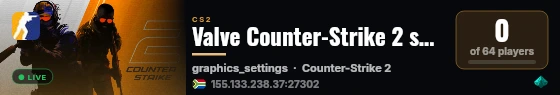 Valve Counter-Strike 2 south_africa Server (srcds1028-jnb1.213. live status badge