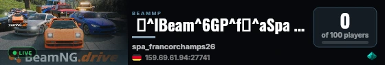  ⚑^lBeam^6GP^f〡^aSpa Francorchamps 24/7^f〡^cRacing^f〡^6Laptimer ^e& ^6Live Flags^f〡Powered by ^cHRZN ^fHosting^f〡^7BeamGrandPrix:BGP:BEAMGPTV:Race live status badge