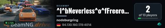 ^l^bNeverless^o^fFreeroam^r ⑊ ^l^nNodeburg Ring^r^l // ^6DSX^8❙^r^l^6Beams^8❙^r^l^6AutoFlags^8❙^r^l^6RacingLine^8❙^r^l^6Fake Headlights^8❙^r^l^6HeliCam^8❙^r^l^6PerfMod ^r^l\\ live status badge