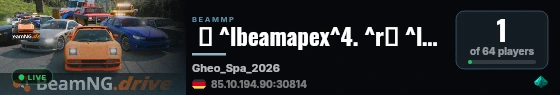  ⚡ ^lbeamapex^4. ^r❙ ^l^cRace ^r❙ ^l^6Spa ^r❙ ^l^cAutomatic Races ^r^l^6•^l ^cStats ^r❙ ^l^6by ^fbeamsharp^r^l^4. ^r❙ ^7BeamApex:BeamSharp:Beam#:Rigged:Racing1 live status badge