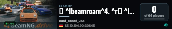 ⚡ ^lbeamroam^4. ^r❙ ^l^cFreeroam ^r❙ ^l^5East Coast USA ^r❙ ^l^cVanilla+ ^6• ^cSlipstream ^r❙ ^l^6by ^fbeamsharp^r^l^4. ^r❙ ^7BeamRoam:BeamSharp:Beam#:Rigged live status badge