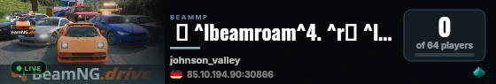  ⚡ ^lbeamroam^4. ^r❙ ^l^cFreeroam ^r❙ ^l^5Johnson Valley ^r❙ ^l^cVanilla+ ^6• ^cSlipstream ^r❙ ^l^6by ^fbeamsharp^r^l^4. ^r❙ ^7BeamRoam:BeamSharp:Beam#:Rigged live status badge
