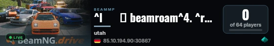 ^l      ⚡ beamroam^4. ^r❙ ^l^cFreeroam ^r❙ ^l^5Utah ^r❙ ^l^cVanilla+ ^6• ^cSlipstream ^r❙ ^l^6by ^fbeamsharp^r^l^4. ^r❙ ^7BeamRoam:BeamSharp:Beam#:Rigged live status badge