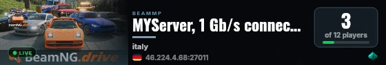 MYServer, 1 Gb/s connection; fast server; 5 Cars live status badge