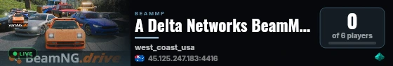 A Delta Networks BeamMP Server live status badge