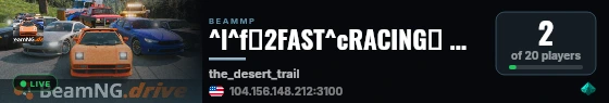 ^l^f💥2FAST^cRACING💥 🌵^b[-[^eDesert ^f- ^6Desert Trails^b]-]🌵 ^aBaja Offroad ^b- ^aTrophy Trucks ^b- ^aAntiGrief ^b- ^aCEI 🌐^b-|^cwww.^f2Fast^c.Racing^b|- ^6Hosted By ^bBeam^aHost^6.^bnet^p🌐 live status badge