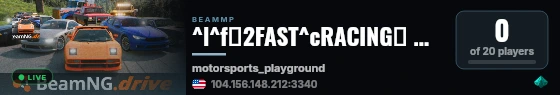 ^l^f💥2FAST^cRACING💥 🗺️^b[-[^eFreeroam ^f- ^6Motorsports Playground^b]-]🗺️ ^aExplore ^b- ^aTop Mods ^b- ^aAntiGrief ^b- ^aCEI 🌐^b-|^cwww.^f2Fast^c.Racing^b|- ^6Hosted By ^bBeam^aHost^6.^bnet^p🌐 live status badge