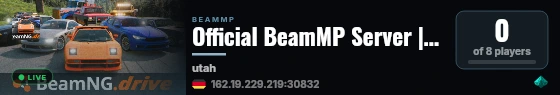 Official BeamMP Server | Utah (02) | Germany | 1 Vehicle live status badge
