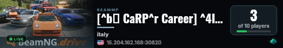 [^b🐟 CaRP^r Career] ^4Italy 1^r 🎯 ^6Missions^r 💵 ^eTrading^r 🧰 ^6Progression 🏁 ^eRacing^r 🔥 ^6100% In-Game live status badge