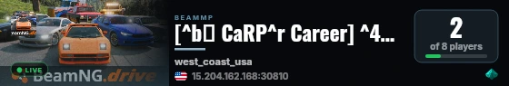 [^b🐟 CaRP^r Career] ^4West Coast 1^r 🎯 ^6Missions^r 💵 ^eTrading^r 🧰 ^6Progression 🏁 ^eRacing^r 🔥 ^6100% In-Game live status badge