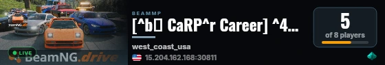 [^b🐟 CaRP^r Career] ^4West Coast 2^r 🎯 ^6Missions^r 💵 ^eTrading^r 🧰 ^6Progression 🏁 ^eRacing^r 🔥 ^6100% In-Game live status badge