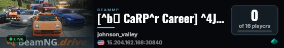 [^b🐟 CaRP^r Career] ^4Johnson Valley 1^r 🎯 ^6Missions^r 💵 ^eTrading^r 🧰 ^6Progression 🏁 ^eRacing^r 🔥 ^6100% In-Game live status badge