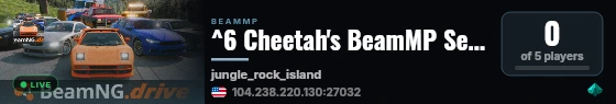 ^6 Cheetah's BeamMP Server ^c | ^4 Italy ^c | ^5 US-West ^c | ^3 5 Vehicles live status badge