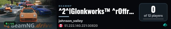 ^2^lGlonkworks™️ ^rOffroad ^3|^r ^aJohnson Valley ^3 - ^rVanilla+ ^3| ^eglonk.party live status badge