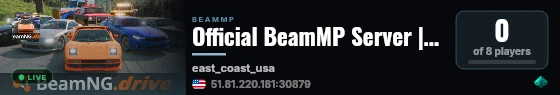 Official BeamMP Server | East Coast (08) | US-West | 1 Vehicle live status badge