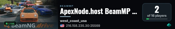 ApexNode.host BeamMP #1 - West Coast USA - Freeroam - 4 Cars Per Player - 24/7 - 2500+ Vanilla Configs - Modded Cars live status badge