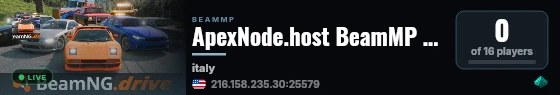ApexNode.host BeamMP #5 - Italy  -  CareerMP + RLS - 24/7 - 2500+ Vanilla Configs - Modded Cars live status badge