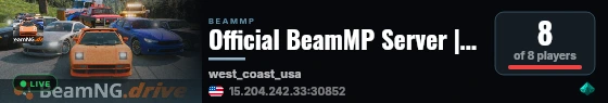 Official BeamMP Server | West Coast (06) | US-East | 1 Vehicle live status badge