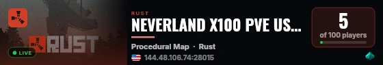 NEVERLAND X100 PVE USA, raidable bases, abandoned bases, skills live status badge