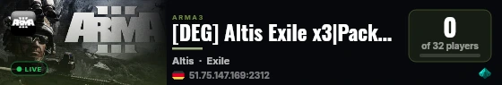 [DEG] Altis Exile x3|PackATV|AI|Zombies|FullMil|80Missions|+++ live status badge
