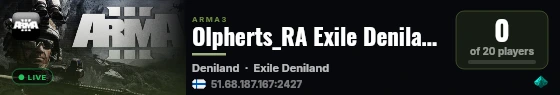Olpherts_RA Exile Deniland PVE Server live status badge