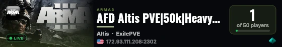 AFD Altis PVE|50k|HeavyAI|CUP|VG|Revive|Paychecks|Missions|Chal live status badge