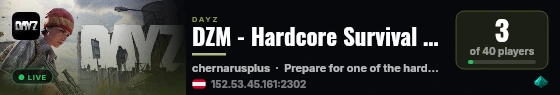 DZM - Hardcore Survival Realism | AI | Missions - dsc.gg/dzm live status badge