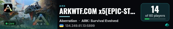 ARKWTF.COM x5[EPIC-STEAM]ABER[SmallTribes]nowipe - (v361.7) live status badge