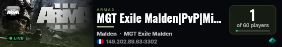 MGT Exile Malden|PvP|Missions|Kits|BaseSpawn|Skills|FPS+ live status badge