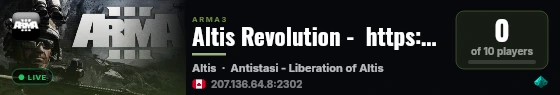 Altis Revolution -  https://discord.gg/wsv7dKvGH live status badge