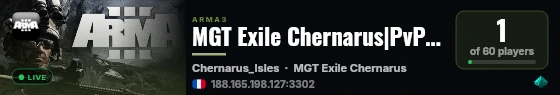 MGT Exile Chernarus|PvP|Missions|Kits|BaseSpawn|Skills|FPS+ live status badge