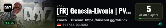 [FR] Genesia-Livonia | PVE | IA | Quest Crafting| DNA | Mission live status badge