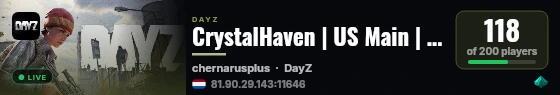 CrystalHaven | US Main | Events | Carepackages | Vanilla+ | Stamina+ live status badge