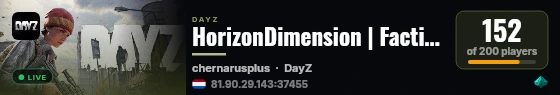 HorizonDimension | Factions | Loot++ | AI Police Force | Trader City | Chernorus RESTORED | New Towns live status badge
