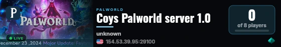 Coys Palworld server 1.0 live status badge