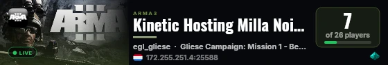 Kinetic Hosting Milla Noire Arma server live status badge